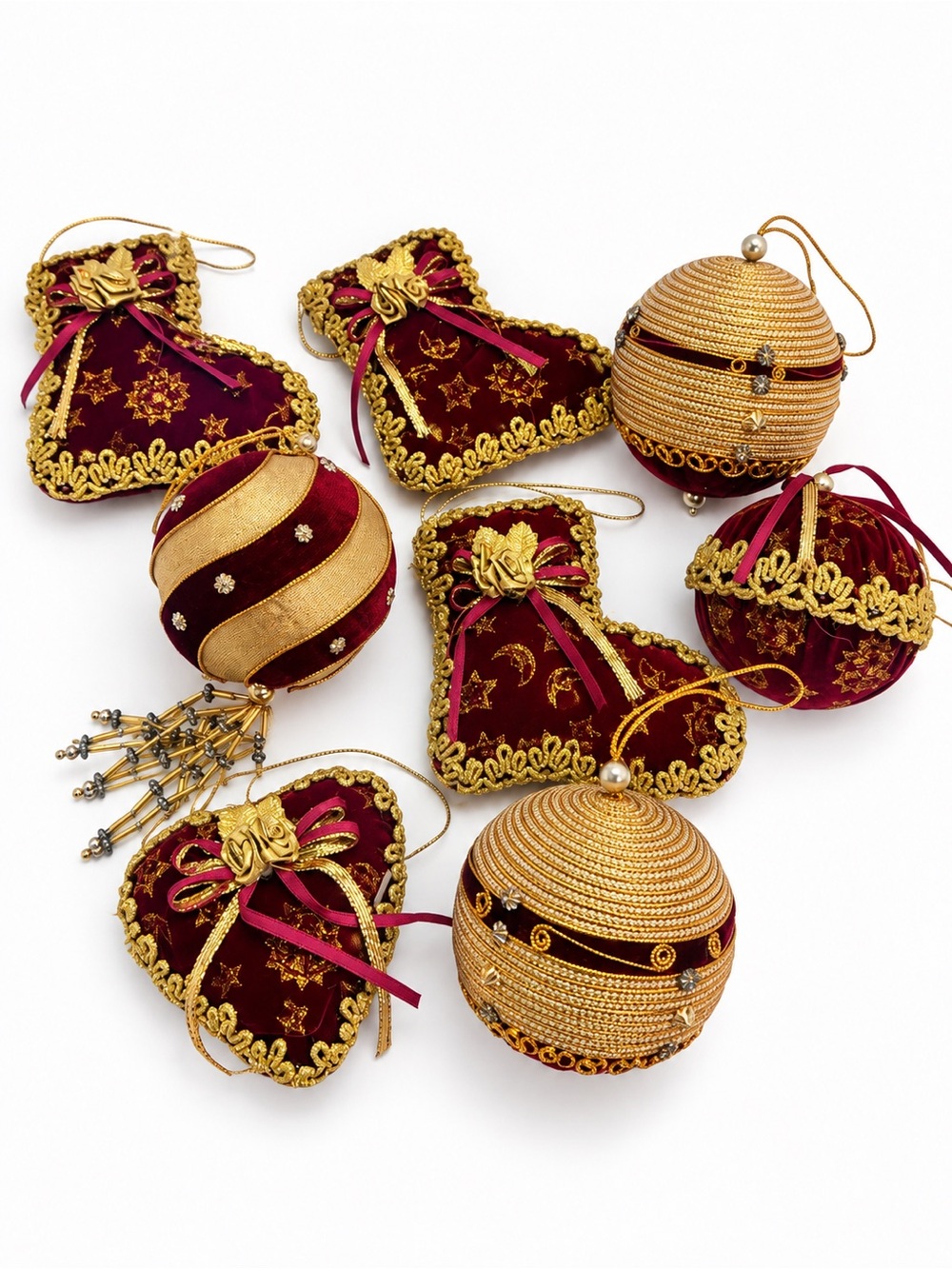 Lot of 8 Handmade Burgundy Gold Christmas Ornaments Velvet Balls Beaded Vintage